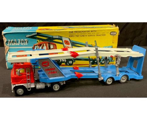 Corgi Major Toys 1138 car transporter with Ford tilt cab 'H' series tractor, red cab, grey chassis, blue and pale green trans