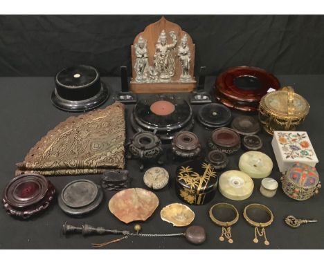 A Balanise  plated plaque; trinket boxes; Oriental padouk wood stands; etc 