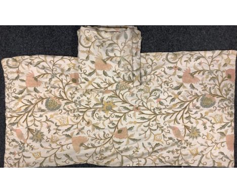 Textiles - a pair of crewelwork curtains, hand stitched, 224cm length x 108cm width 