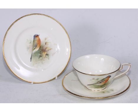 A Royal Worcester teacup, saucer and side plate,  each painted by E. Townsend,  signed, with Chaffinch, perched in foliage, g