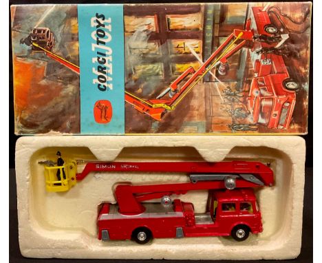 Corgi Major Toys 1127 Simon Snorkel fire engine, red body with yellow plastic cage attached to boom, plastic fireman figures,