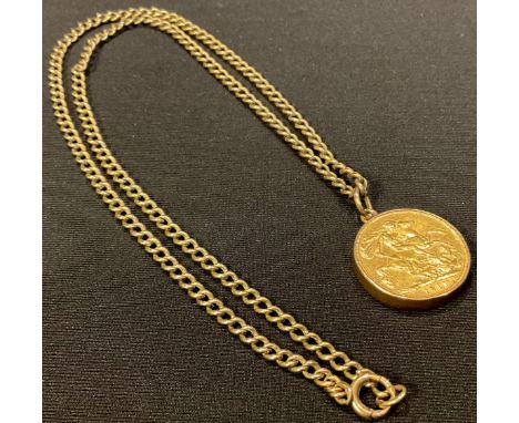 A gold full sovereign dated 1911, mounted as a pendant on a 9ct gold necklace chain, 23.7g 