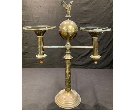 A large Empire design two branch brass table lamp, 73cm high 