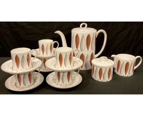 A Susie Cooper Hyde Park pattern coffee set for six, including coffee pot cream jug and sucrier 