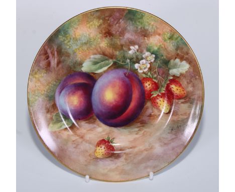A Royal Worcester side plate, painted  by H. Ayrton, signed, with ripe plums and strawberries on a mossy bank, 15.5cm diam, p