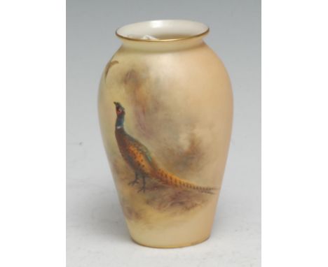 A Royal Worcester vase, painted by Jas. Stinton, signed, with a brace of pheasants, 11cm high, printed crown and circle mark 