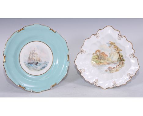 A Royal Crown Derby shaped dish, by W.E.J. Dean,  painted with a Derbyshire scene, wavy rim, 25.5cm wide, printed mark;  anot