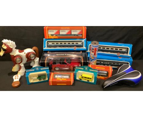 An Airfix Railway System carriage, boxed; others; a Burago model Mercedes Benz SLK 230 car, boxed; Hornby Railways Milk Tank 