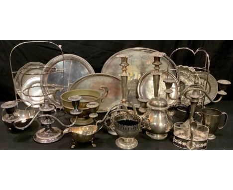 Plated Ware - a pair of 19th century plated candlesticks, 31cm high; a circular salver; candelabra; plate stands; gallery tra