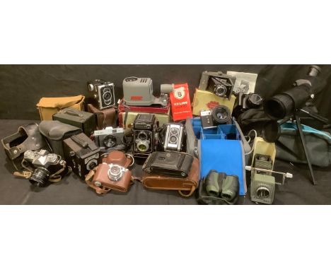 Photography - cameras, binoculars, telescope; a Zenit - E, Moshva 80 35mm camera, serial number 78019842; a Kodak Duaflex II 