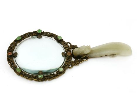 A Chinese magnifier,Republic period (1912-1949), mounted with prunus and bamboo and other flowers with inset hardstones, surm