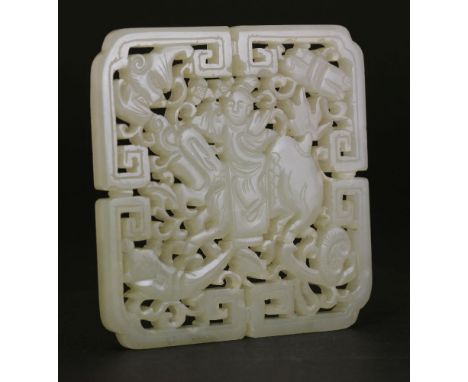 A Chinese jade plaque,mid Qing dynasty, pierced and carved with a qilin carrying a boy surrounded by a bat, lingzhi, scrolls 