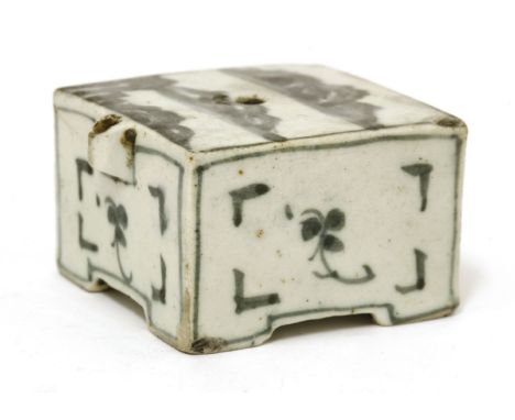 A Korean blue and white water dropper,Joseon dynasty (1392-1910), of square form on bracket feet, painted with a landscape, t