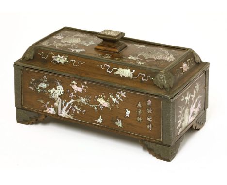A Chinese box and cover,19th century, of rectangular form, on four bracket feet, inlaid with birds, butterflies, tree rats, f