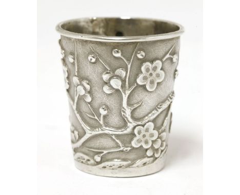 A Chinese silver spirit cup,c.1900, by Wang Hing, of tapering cylindrical form, decorated with blossoming prunus branches, st