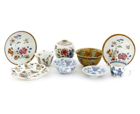 A collection of Chinese porcelain, Kangxi to 18th century, comprising: a tea bowl and saucer, of lobed form, painted with flo