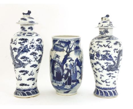 A Chinese blue and white vase,early 20th century, of cylindrical shape, painted with King Wen visiting Jiang Ziya who is fish