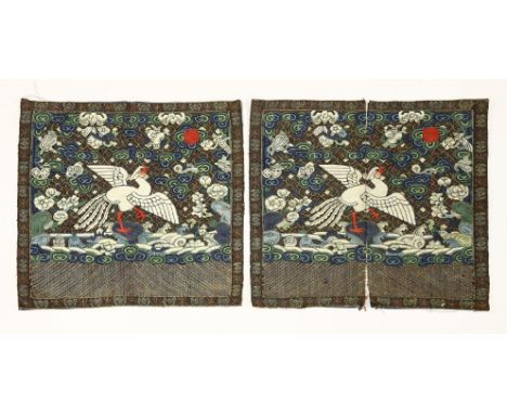 A pair of Chinese kesi rank badges,Qing dynasty (1644-1911), of the fifth civil rank, with the silver pheasant in white stand