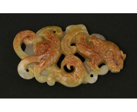 A Chinese jade carving,carved with a chilong entwined with a phoenix, engraved with details,6.5cm青玉带皮雕螭龙凤鸟纹鸡心佩