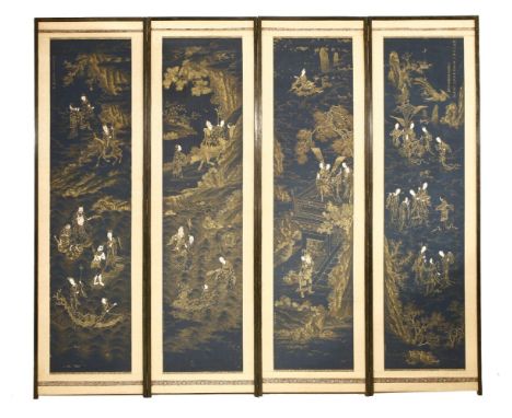 A Chinese four-fold screen,18th century, the hanging scrolls painted with Eight Daoist Immortals and other deities celebratin