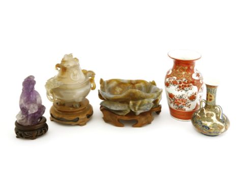A collection of Chinese and Japanese collectables, 19th/20th century, comprising a Chinese agate incense burner, carved with 