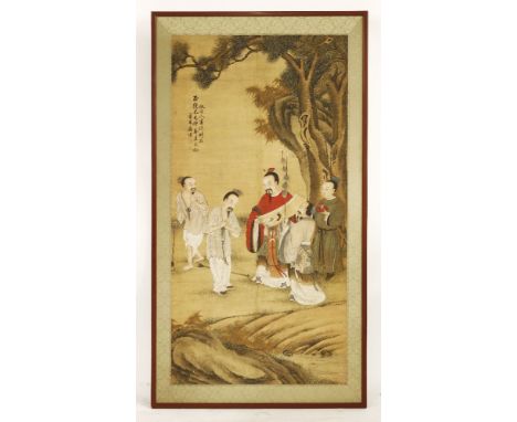 A Chinese hanging scroll,20th century, painted with an official showing a portrait to a farmer, attendants standing by, inscr