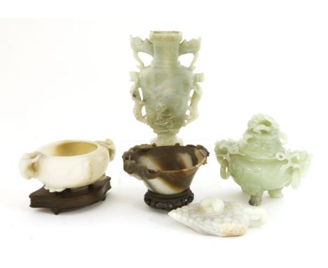 A collection of Chinese jade and hardstone carvings, 20th century, comprising: an incense burner with bats and monkey handles