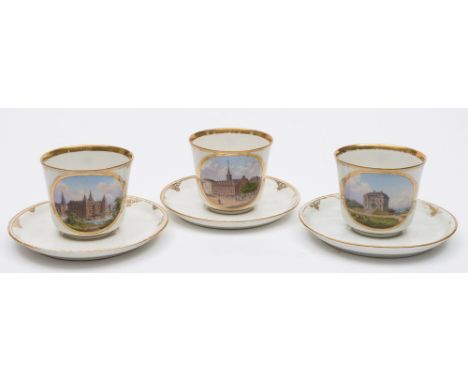 Three Royal Copenhagen porcelain cups and saucers: each cup painted with an oval topographical panel on a gold embellished gr