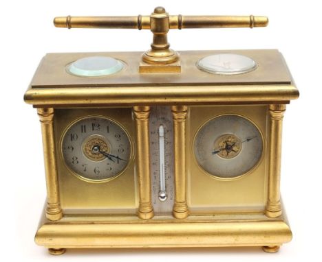 A French clock/barometer carriage clock set: to one side an eight-day duration timepiece movement having a platform lever esc