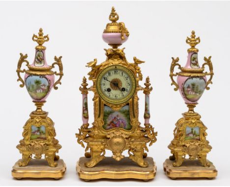 Vincenti et Cie, Paris, a three-piece clock garniture: the eight-day duration movement striking the hours and half-hours on a