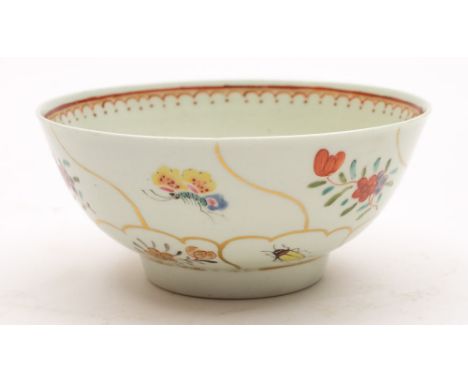 A First Period Worcester polychrome bowl: painted with insects and floral sprays within gilt petal-shaped panels, the interio