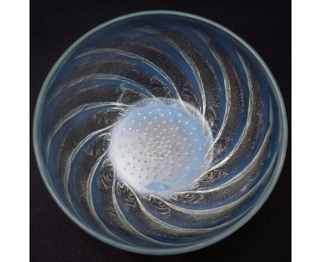 A Lalique bowl 'Poissons': the mildly opalescent body intaglio decorated to the exterior with a band of fish encircling bubbl