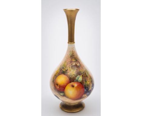 A Royal Worcester porcelain vase: of tear drop form, painted by John Freeman with apples and black cherries on a mossy ground