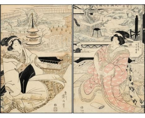 After Eizan two Japanese woodblock prints of Geisha girls: one seated , the other playing a mokkin, each print 32 x 21cm. cir