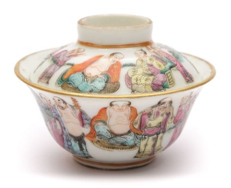 An unusual Chinese famille rose miniature bowl and cover: painted with a group of Luohan and other figures, one holding a fla