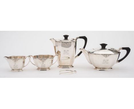 A George VI silver four-piece silver tea service, maker Cooper Brothers & Sons Ltd, Sheffield 1947: inscribed, of ovoid recta