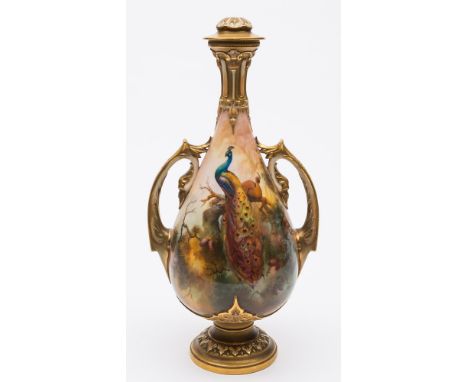 A Royal Worcester porcelain lamp: of slender two handled pedestal form with raised strap work to base and neck painted by Wal