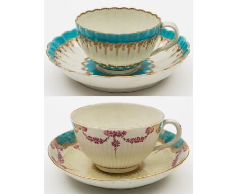 A Worcester reeded tea cup and saucer and a fluted tea cup and saucer: the first with turquoise 'shagreen' panels and puce fl