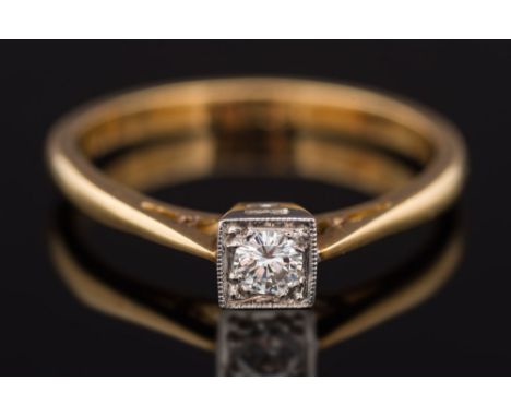 A square-set diamond single-stone ring: with circular brilliant-cut diamond approximately 0.20ct, ring size R.