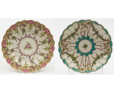 A Worcester 'Hop Trellis' fluted dish and an 'Earl Manvers' pattern plate: the first painted with berried foliage and puce an