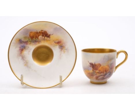 A Royal Worcester coffee cup and saucer painted by Harry Stinton: painted with vignettes of highland cattle in landscapes, th