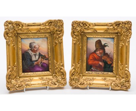 A pair of Continental porcelain plaques: in the Berlin manner depicting a Flemish man playing the violin and a lady winding w