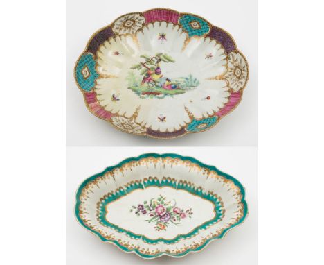 A Worcester fluted oval dish and a similar dish: the first painted with fancy birds in a landscape vignette within an ornatel
