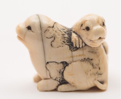 A Japanese carved and stained ivory netsuke: of two playing dogs, one climbing over the back of the other, Meiji period, 3 cm