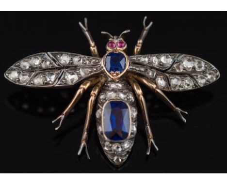 A 19th century sapphire and diamond bee brooch: set with rose-cut diamonds, the body with cushion-shaped sapphires and caboch