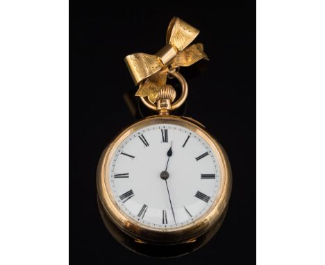 A lady's 18ct gold open face pocket watch: the circular white enamel dial with Roman numerals, the keyless lever movement wit