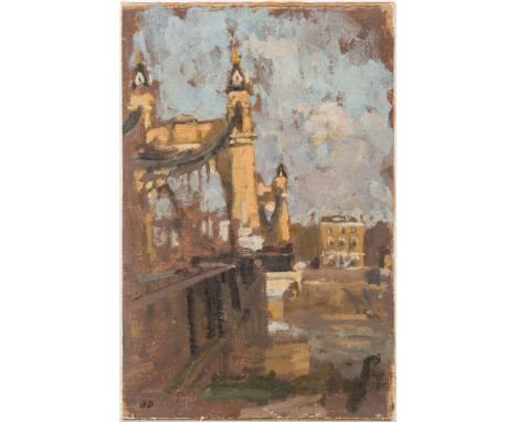 * Bernard Dunstan [b.1920]-Hammersmith Bridge:-signed with initials BD bottom leftfurther signed and inscribed on a label att