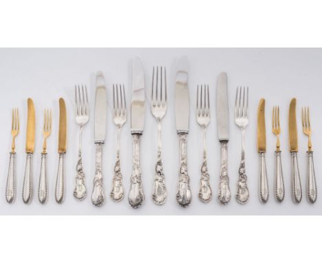 A part suite of Continental silver flatware from Schloss Georgium: initialled, includes eight dessert forks, one table fork, 