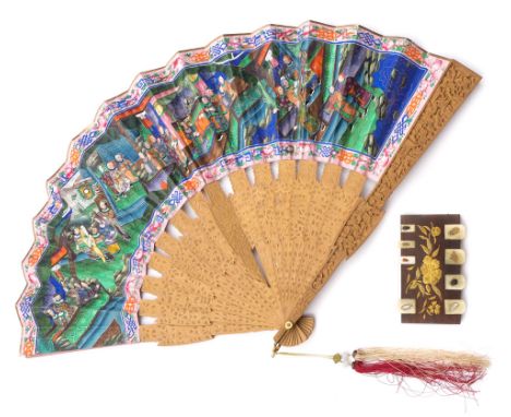 A 19th century Cantonese carved sandalwood fan: the paper leaf decorated with figures in a garden landscape with applied pain