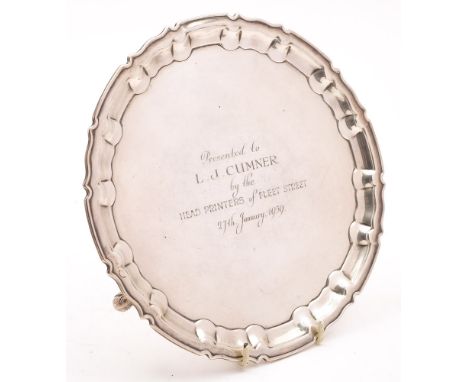 An Edward VII silver waiter, maker William Hutton & Son Ltd, London, 1908: inscribed, of circular form with moulded rim, rais